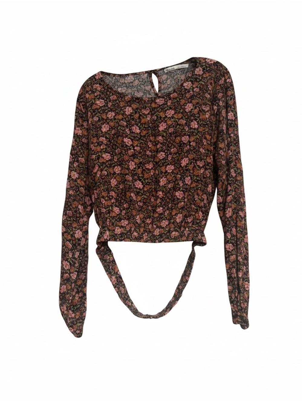 Elodie Pink Floral Tie-Back Long Sleeve Crop Top on Black - Picture 1 of 5